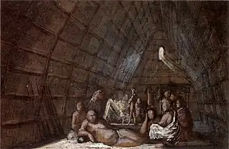 Интерьер дома главы Сандвичевых островов, перо, акварель, гуашь Л. Хориса, 1816,  Музей искусств Гонолулу