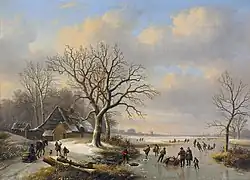 Зимний пейзаж с конькобежцами и рыбаками