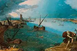 Широкая гавань с рыбаками, морским богом Нептуном и городом вдали. Дерево, масло. Частное собрание