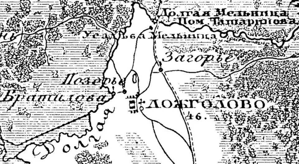 Окрестности деревни Ложголово на карте 1834 года