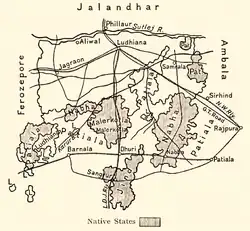 Княжество набха на карте Округа Лудхияна 1911 года