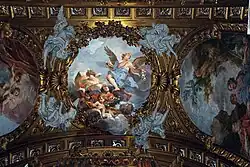 Л. Джиминьяни. Эдесский образ (Плат нерукотворный), принесённый больному царю Авгару, слава ангелов и святой Сильвестр. Деталь росписи свода. 1688-1690