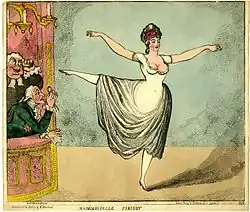 «Мадемуазель Паризо», 1796Блиставшая в Лондоне парижская танцовщица, из ложи заглядывают к ней под юбку герцог Куинсберри и епископ Даремский