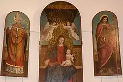 Алтарь Бергоньоне. Детали полиптиха. Мадонна с Младенцем, святой апостол Иаков и святой Энрико. Капелла Бривио, Базилика Сант-Эусторджо. Милан