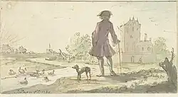 Человек с собакой у воды. Между 1682 и 1708. Бумага, акварель, тушь, перо, кисть. Рейксмюсеум, Амстердам