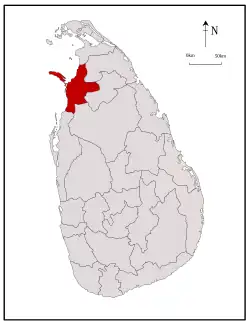Area map of Mannar District, along the north western coast with eastern border extending towards the interior, also including a large island roughly oval in shape, in the Northern Province of Sri Lanka