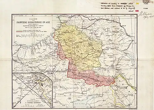 Территориальные изменения на Кавказе по итогам войны. Жёлтым отмечены территории, отошедшие России по итогам Берлинского трактата. Красным перешедшие России по Сан-Стефанскому договору, но возвращённые Турции.