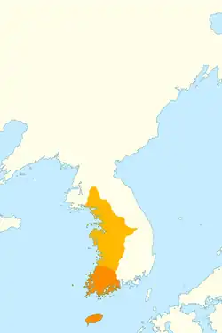 Приблизительные размеры Пэкче во время правления Кынчхого в 4 веке.
 Пэкче Утраченные территории (чимми даръе и Тамла)
