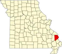 A state map highlighting Cape Girardeau County in the southeastern part of the state.