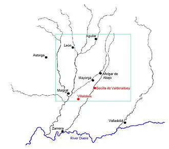 Тененсии Осорио были сосредоточены вокруг города Леон (зеленый прямоугольник), хотя к 1150 г. у него осталось лишь несколько небольших тененсий (красный цвет) на юге провинции, в направлении реки Дуэро и города Самора, которые он может продержался недолго.