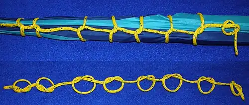 «сезнёвочные штыки» предпочитают при рифлении паруса более, чем «полуштыки», однако на самом деле — это «полуузлы», если снять с опоры, то на тросе останутся узелки