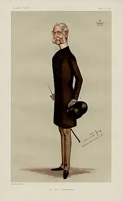 "Лорд-камергер". Маркиз Хартфорд, карикатурно изображенный Лесли Уордом в журнале "Ярмарка тщеславия", апрель 1877 года.