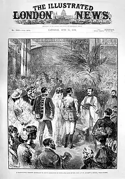 Принц Плесский — шафер (стоит в пол-оборота в центре в гусарском мундире) на бракосочетании своего друга графа Александера Мюнстер-Дернебургского[нем.] в Лондоне в 1890 году. Рисунок на обложке журнала The Illustrated London News от 14 июня 1890 года.