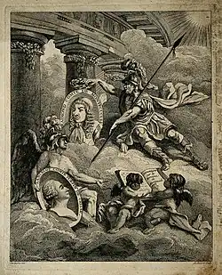 Марс коронует изображение графа Монтекукколи, а солдат-ангел наблюдает за ним, держа портрет графа Ланселота Тюрпена де Криссе. 1769. Офорт Ф. Андуара по рисунку Казановы