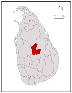 Area map of Matale District, located immediately north of the middle of the country, roughly the shape of a letter «C» and located in the Central Province of Sri Lanka