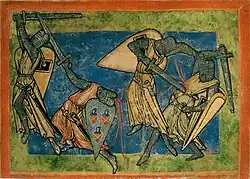 Батальная сцена. Миниатюра рукописи «Speculum Virginum» из библиотеки монастыря Св. Евхаристия и Св. Матвея в Трире, 1180—1200 гг.