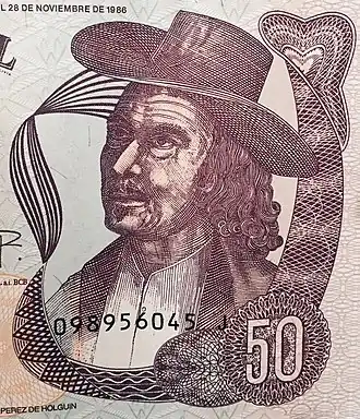 Изображение Мельчора Переса де Ольгина на купюре в 50 боливиано