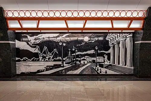 Панно с видом на Большую Неву. На нём запечатлены морской порт, ледокол «Красин» и фрагмент здания Горного института