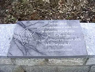 Мемориальная доска на главной площади исторического центра Мендзыжец-Подляски на месте сгона первой партии евреев с целью депортации в лагеря смерти Треблинку-2 и Майданек в 1942 году