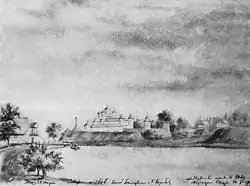 Вид на монастырь в селе Межирич со стороны пруда на реке Збитинка. Рисунок 1862-1876 гг, автор Наполеон Орда