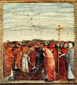 Алтарь «Снежная мадонна». 1430—1432. Панель пределлы: Основание церкви Санта-Мария-Маджоре. Галерея Питти, Флоренция