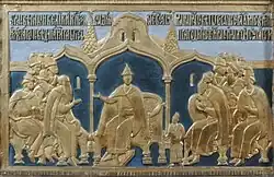 Рельеф Мономахового трона, резьба по камню (реплика, раскрашенная в первоначальные цвета)