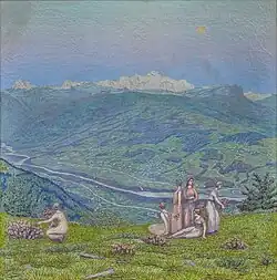 Женские фигуры на фоне Монблана