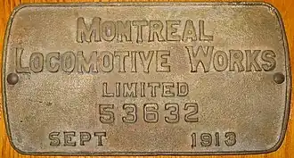 Табличка локомотива, выпущенного Montreal Locomotive Works в 1913 году
