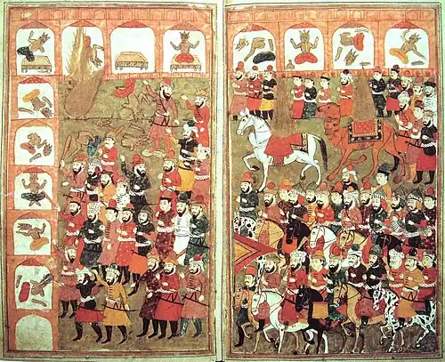 Вступление Мухаммеда в Мекку и уничтожение идолов. Мухаммед изображён в виде пламени (Найдено в «Хамла-и Хайдари», Кашмир, 1808)