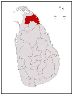 Area map of Mullaitivu District, extending to the west from the north by east coast in the Northern Province of Sri Lanka