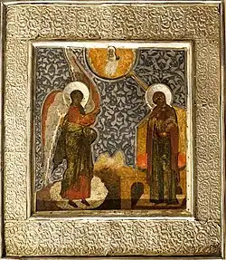 Благовещение. 1614-1615. Дерево, левкас, темпера, металл, басма, чернение, гравировка, золочение. 36х32х2,7 см. Сольвычегодский историко-художественный музей-заповедник, Сольвычегодск.