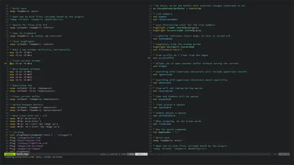 Neovim с настроенной строкой состояния и тёмной цветовой схемой.