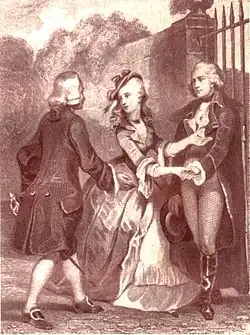 Юлия между Сен-Прё (слева) и де Вольмаром.Гравюра к первому изданию 1761 года