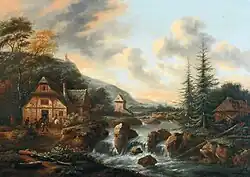 Скандинавский пейзаж с путниками перед таверной. 1676. Холст, масло. Частное собрание