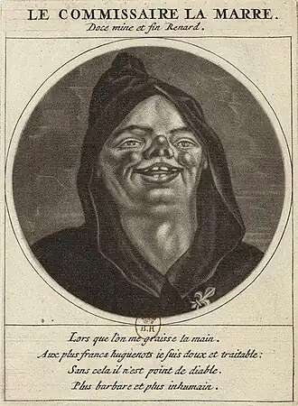 Карикатура на Н. Деламара (Les Héros de la Ligue ou la procession monacale conduitte par Louis XIV pour la conversion des protestans de son royaume, Paris, P. Peters, 1691)