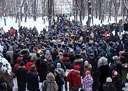 Строй ОМОНа проходит через толпу