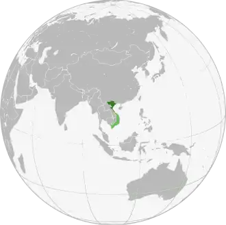 Административная территория официально признанной Демократической Республики Вьетнам («Северный Вьетнам») в Юго-Восточной Азии согласно Женевскому соглашению 1954 г. выделена темно-зеленым цветом; заявленная, но не контролируемая территория («Южный Вьетнам») выделена светло-зеленым цветом.