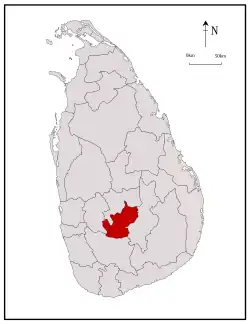 Area map of Nuwara Eliya District, located immediately south of the middle of the country and running roughly south west to north east, in the Central Province of Sri Lanka