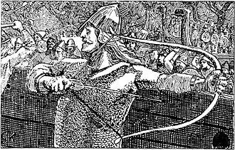 В битве у Свольдера Эйнар Тамбарскельфир (Брюхотряс) пробует королевский лук и находит его слишком слабым.