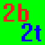 The first logo with a red «2b» on one line and a blue «2t» below it. The characters are in a pixel font against a lime green backdrop.