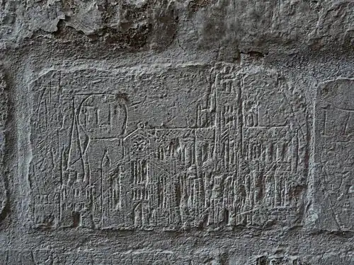 Граффито на стене церкви св. Марии в Эшуэлле (Хартфордшир), предположительно изображает старый Сен-Пол