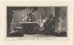 Б. Пикар. Дочь Бутада рисует профиль возлюбленного. 1727. Офорт