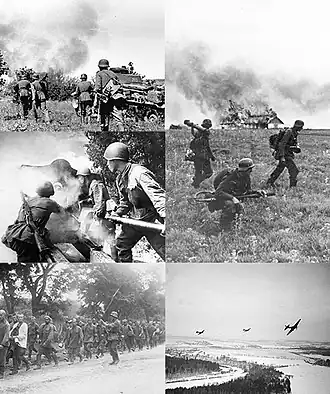 По часовой стрелке сверху слева:
* Немецкие солдаты продвигаются по северу России
* Немецкая огнеметная команда
* Советские Ил-2 над немецкими позициями под Москвой
* Советские военнопленные по дороге в лагеря
* Советские солдаты ведут артиллерийский огонь