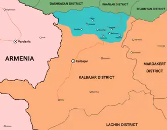  Отвоеванные Азербайджаном территории Кельбаджарского района на пике операции  Территории Азербайджана, контролируемые армянскими вооруженными формированиями  Территории Азербайджана вне зоны конфликта  Армения