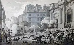 Расстрел мятежников 4 года 13 Вандемьера. Церковь Сен-Рош, улица Сент-Оноре, Париж. Ок. 1797. Офорт С. И. Хельмана по рисунку Шарля Монне. Музей Карнавале, Париж