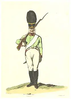 Солдат одного из пехотных полков русской Лейб-гвардии, в униформе, носившейся около 1809 года (к 1812 году была изменена)