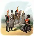 1855-1857. Обер-офицеры в парадной и походной форме, адъютант в парадной форме, рядовой стрелков. роты в шинели, штаб-офицер в праздничной форме.
