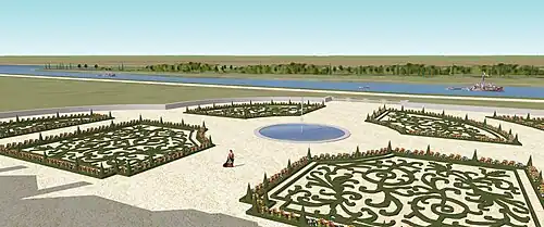 Реконструкция вида на территорию дворца Сент-Уан в конце XVII века. Вид с балкона первого этажа.