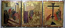 Тройное Файл: Христос перед Пилатом, Ведение Христа на Голгофу, утверждение креста, XV век