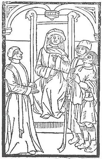 Адвокат Патлен на суде. Средневековая французская гравюра